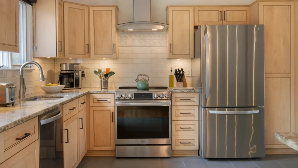 A modern kitchen featuring sleek stainless steel appliances, a statement range hood, natural wood cabinetry, and a subway tile backsplash for a warm yet contemporary design.