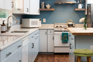 Light Blue cabinets in a modular kitchen with a kitchen island