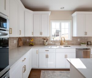 Shaker bright white kitchen cabinets and beverage station in Mt Airy, MD