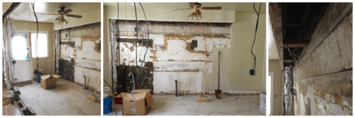  three photos of a kitchen with all cabinets and fixtures removed by an unlicensed contractor.